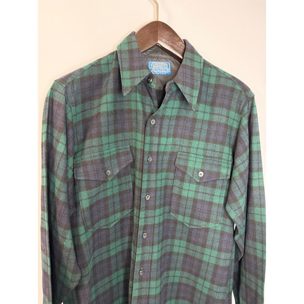 PENDLETON Vintage 60s Virgin Wool Green Tartan Plaid Flannel Shirt Mens 16 L USA - Picture 4 of 10